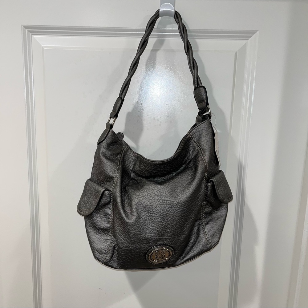 NEW GEORGE GREY SINGLE ZIPPER SIDE POCKETS BUCKLE PEWTER PEBBLE HANDBAG PURSE